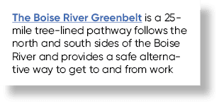 The Boise River Greenbelt is a 25 mile tree lined pathway follows the north and south sides of the Boise River and pr...